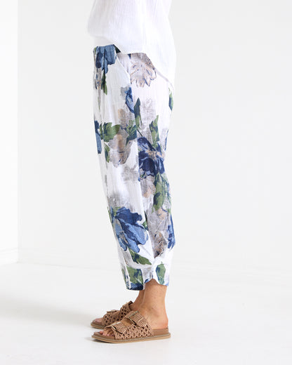 Santorini Cropped Relaxed Pants - Floral Blue