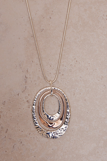 Hammered Double Oval Pendant Necklace - Silver/Rose Gold