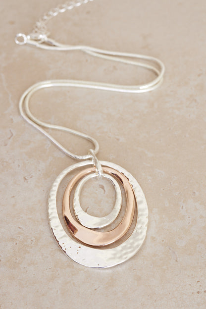 Hammered Double Oval Pendant Necklace - Silver/Rose Gold