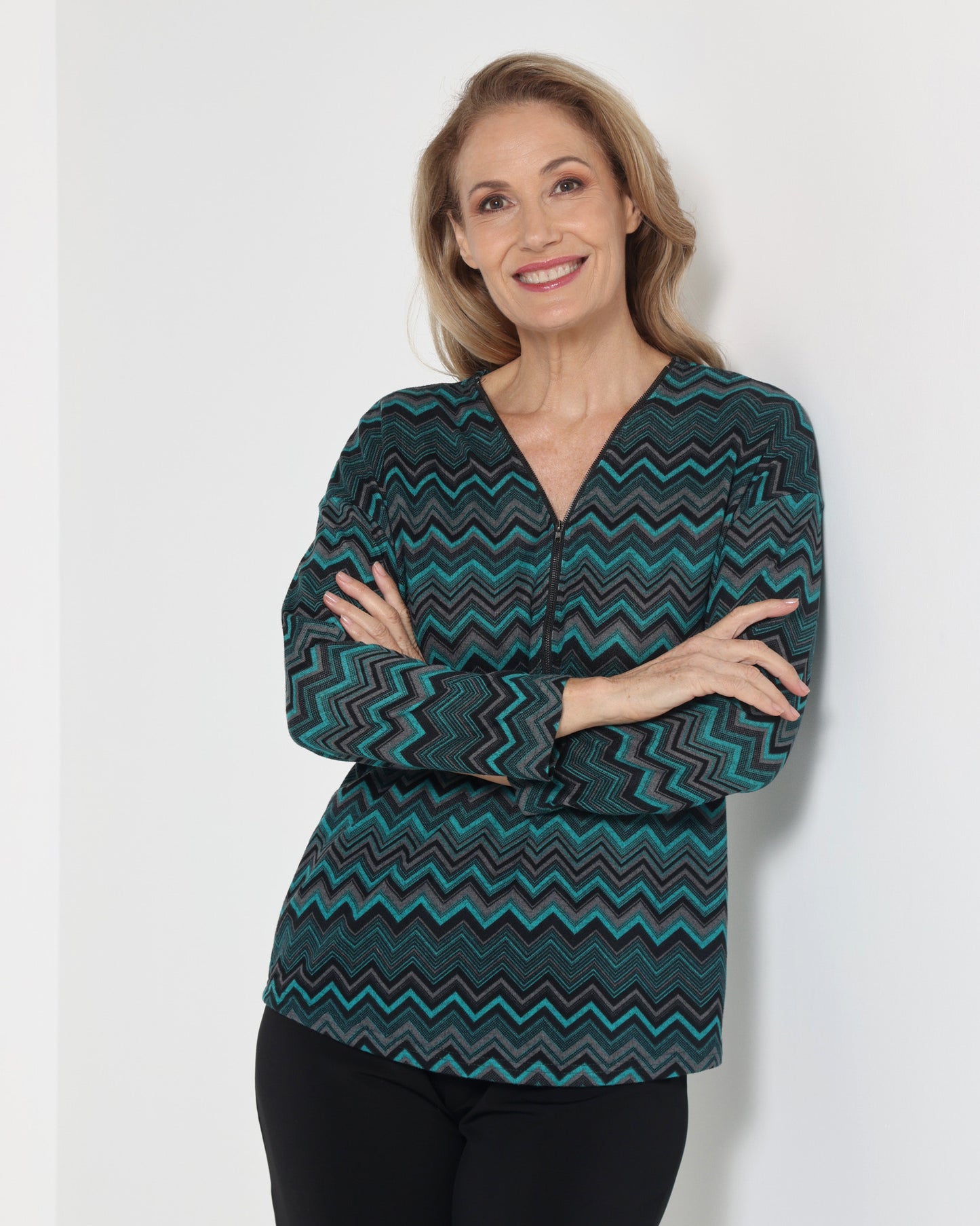 Redgrove Zip Top - Teal Chevron