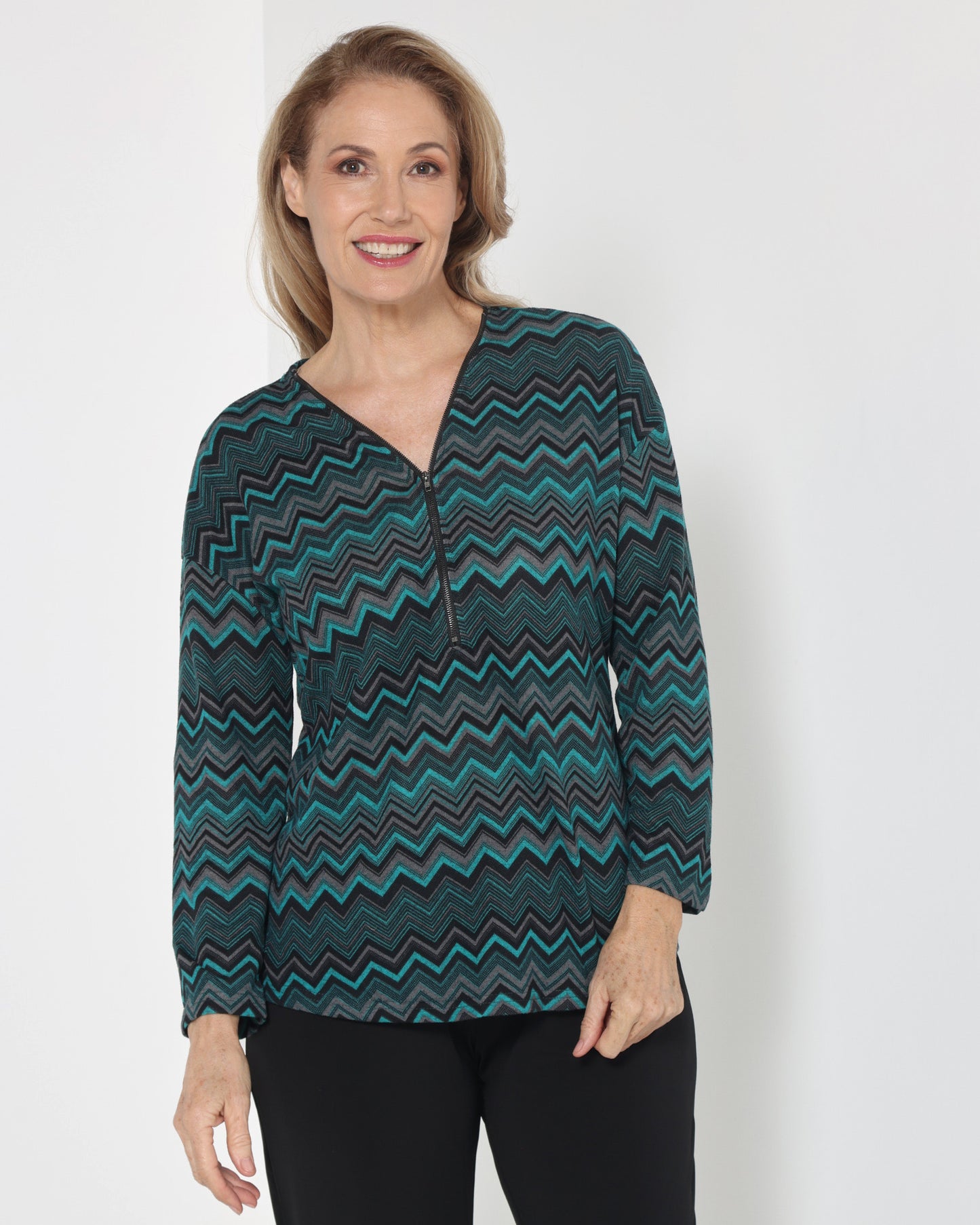 Redgrove Zip Top - Teal Chevron
