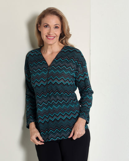 Redgrove Zip Top - Teal Chevron