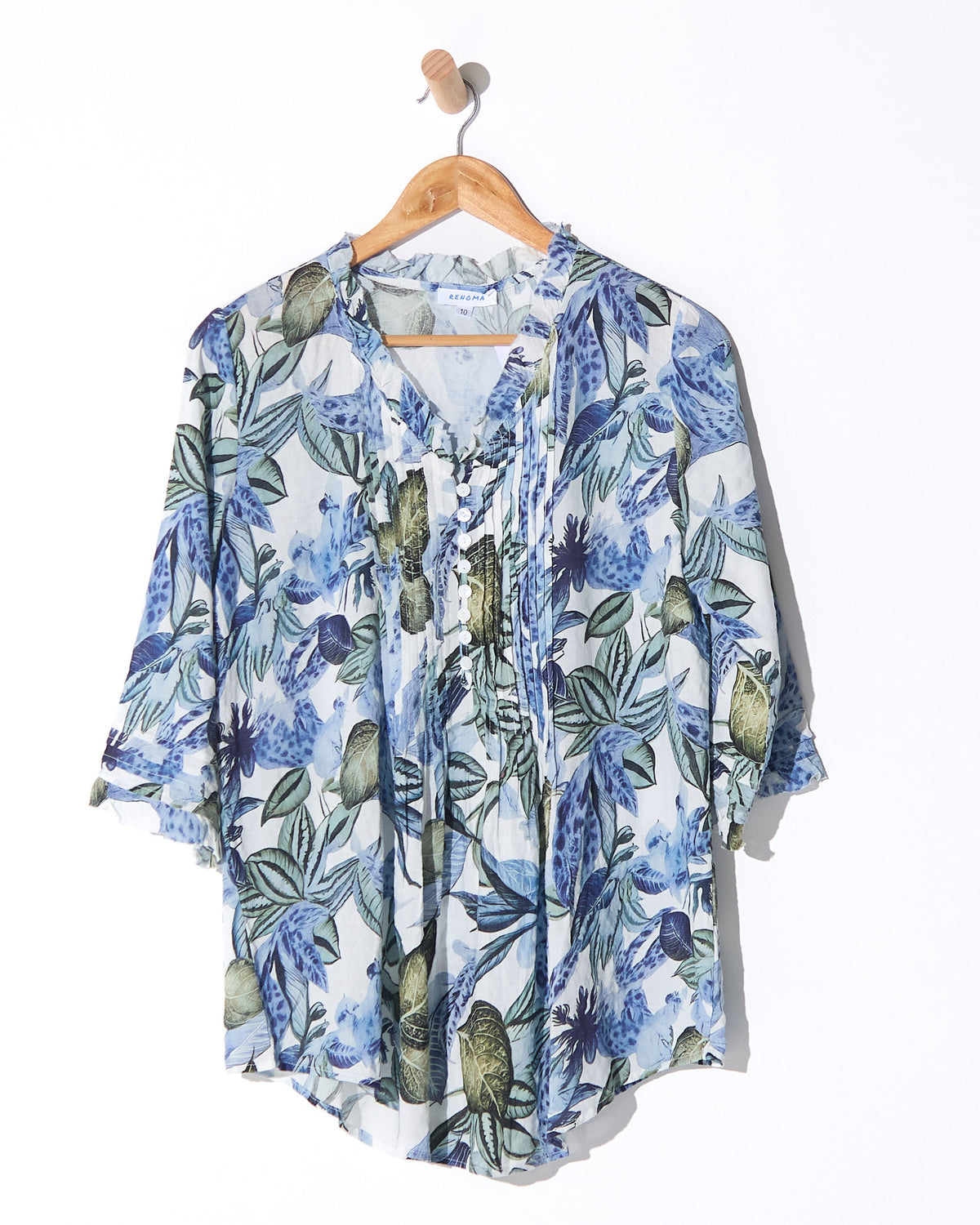 Garside Cotton Pintuck Blouse - Blue Floral