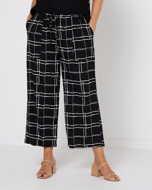 Aiko Linen Pants - Black Check Print