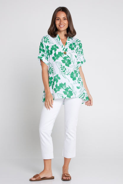 Whitsundays Shirt - Green/White Floral Top