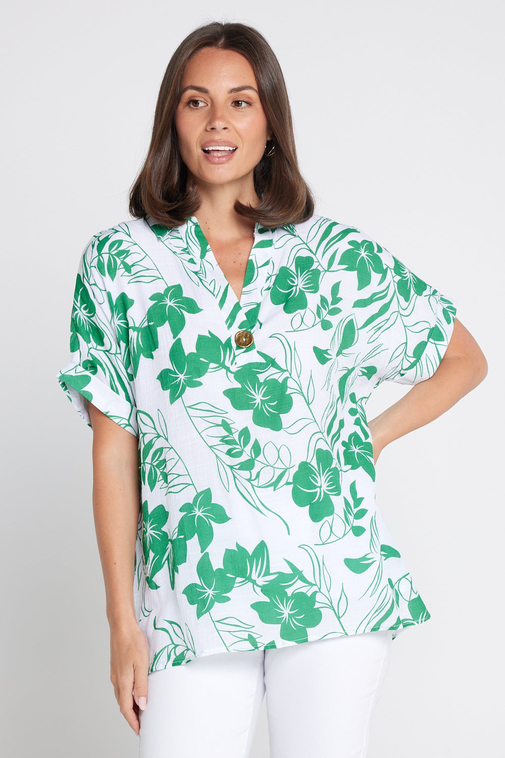 Whitsundays Shirt - Green/White Floral Top