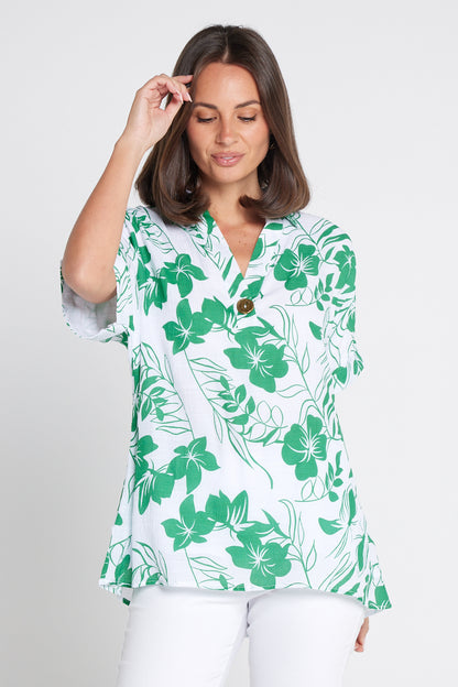 Whitsundays Shirt - Green/White Floral Top