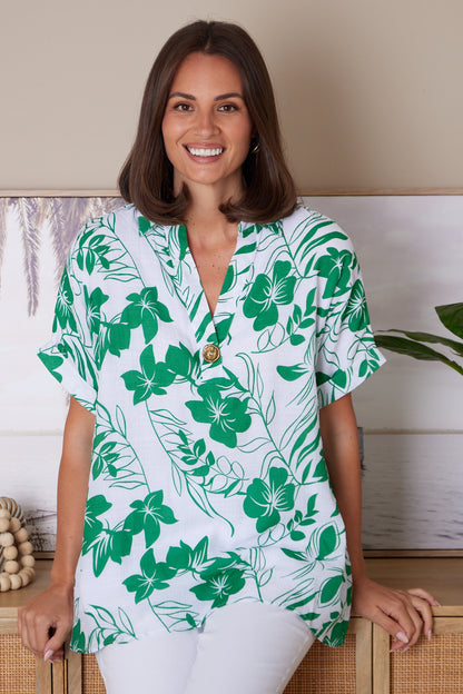 Whitsundays Shirt - Green/White Floral Top