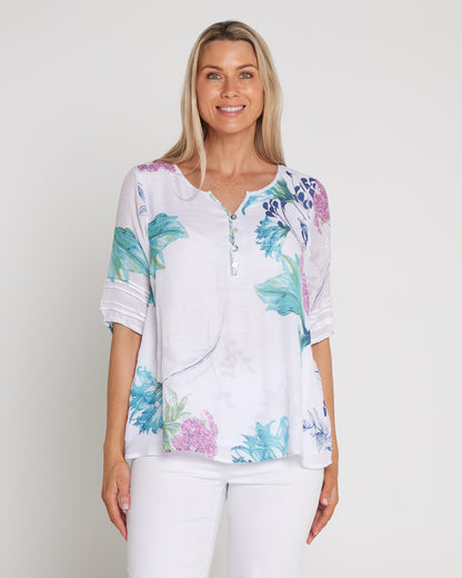 Farida Blouse - White/Teal/Hydrangea