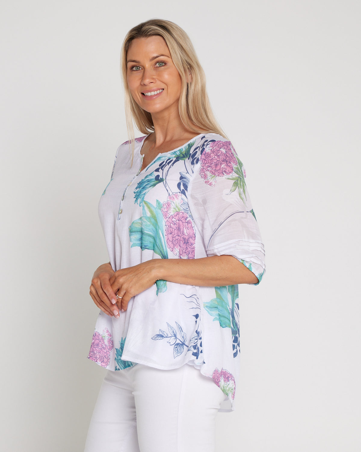 Farida Blouse - White/Teal/Hydrangea