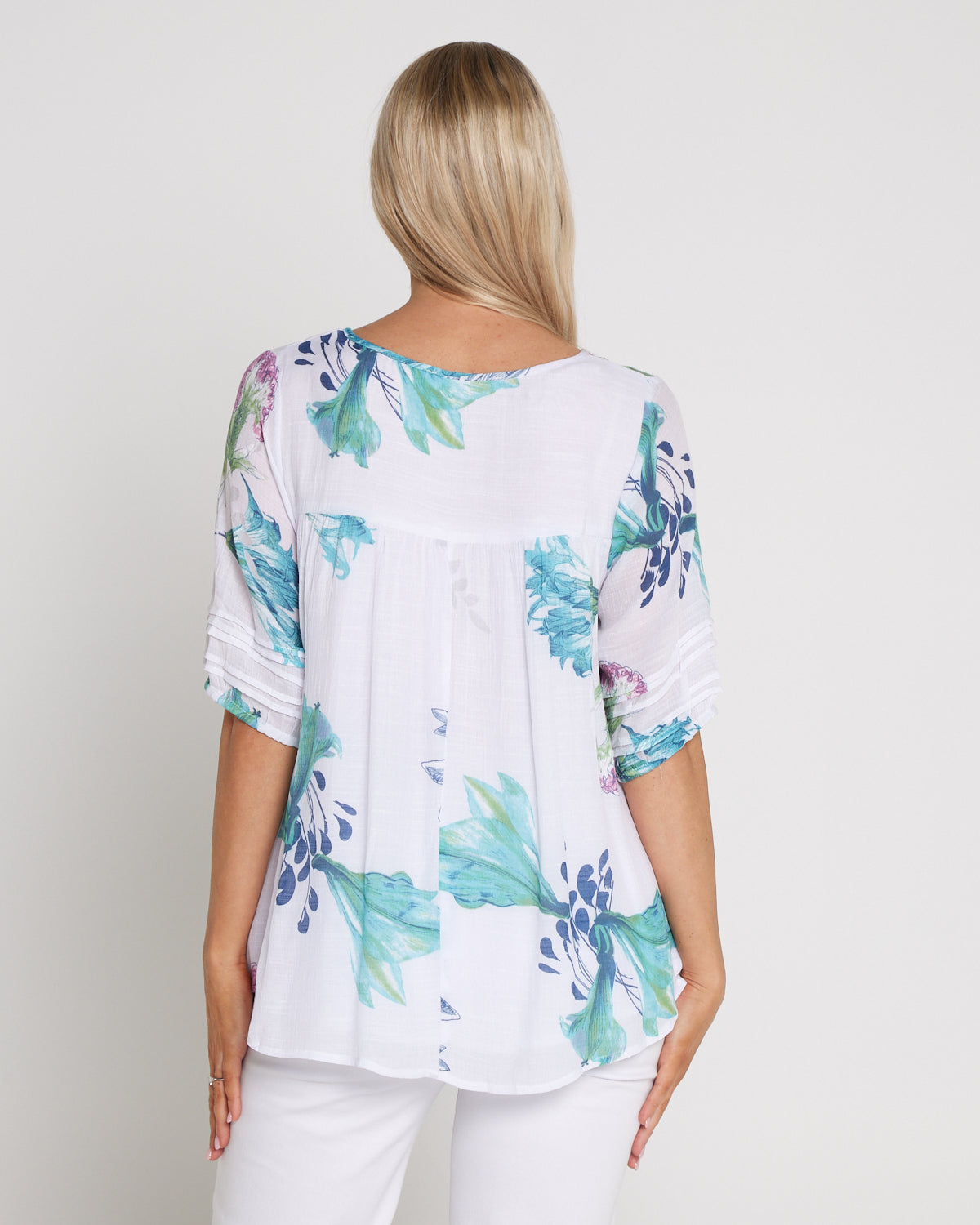 Farida Blouse - White/Teal/Hydrangea