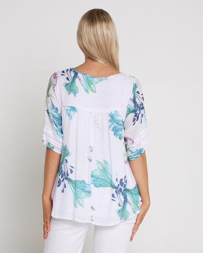 Farida Blouse - White/Teal/Hydrangea