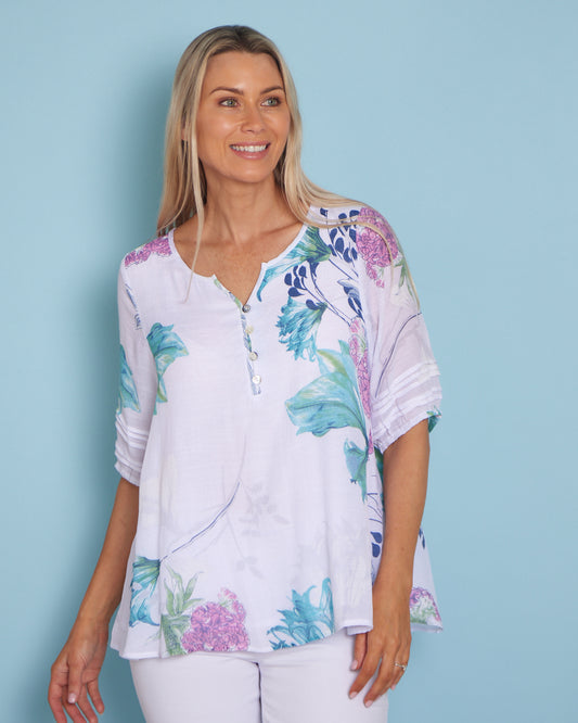 Farida Blouse - White/Teal/Hydrangea