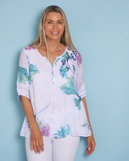 Farida Blouse - White/Teal/Hydrangea