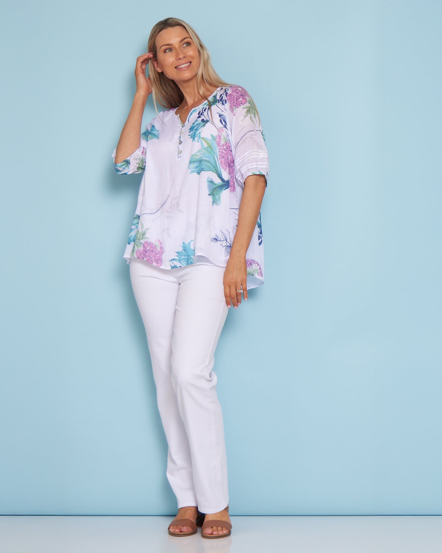 Farida Blouse - White/Teal/Hydrangea