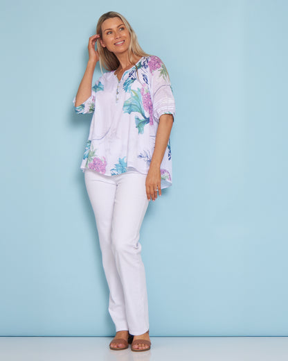 Farida Blouse - White/Teal/Hydrangea