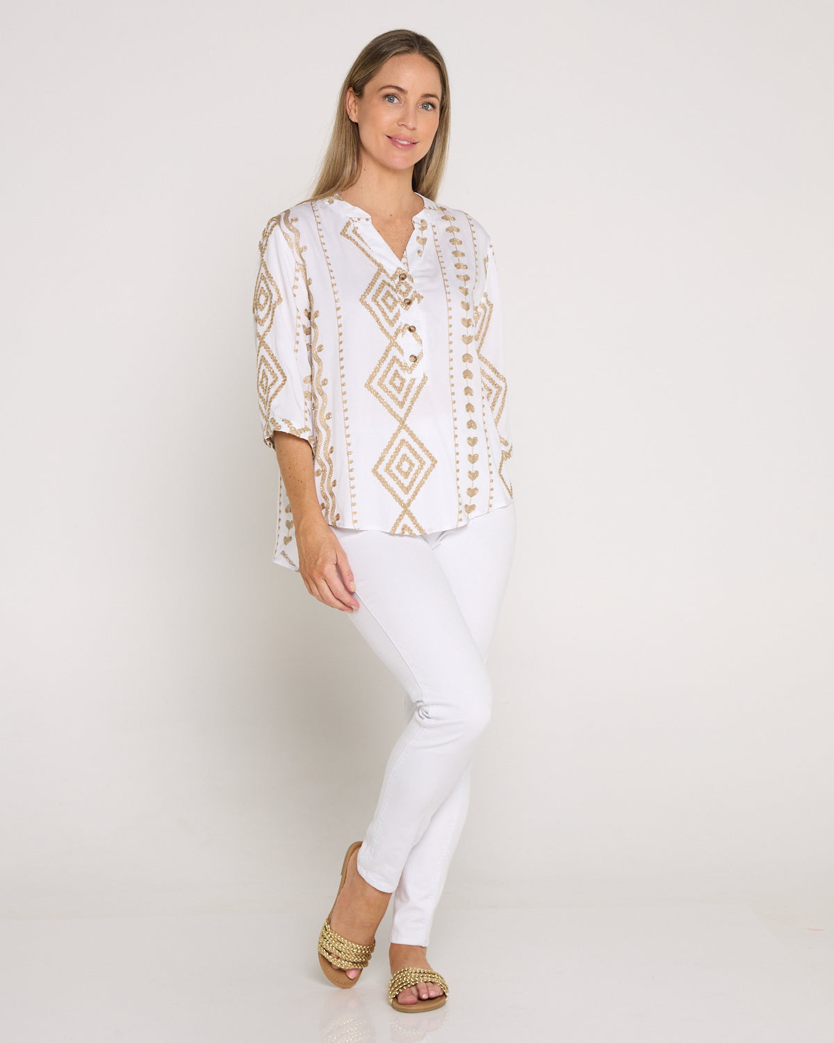 Marli Top - White/Gold Embroidery