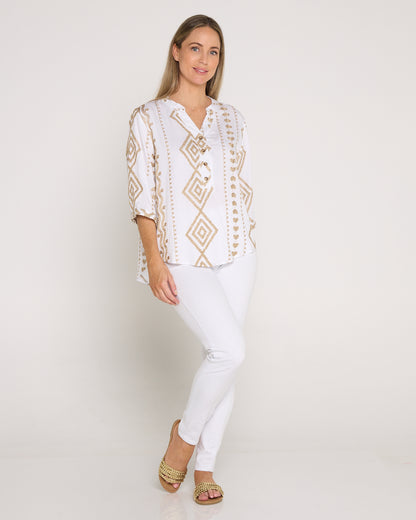 Marli Top - White/Gold Embroidery