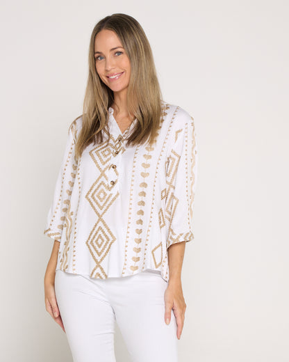 Marli Top - White/Gold Embroidery