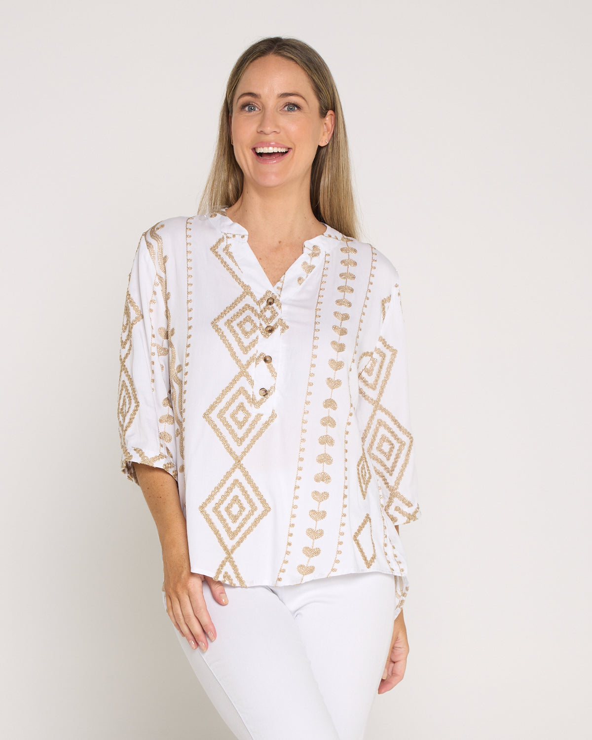 Marli Top - White/Gold Embroidery