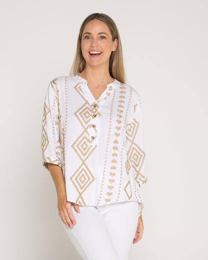 Marli Top - White/Gold Embroidery