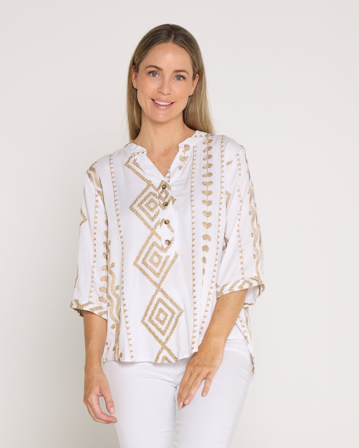 Marli Top - White/Gold Embroidery
