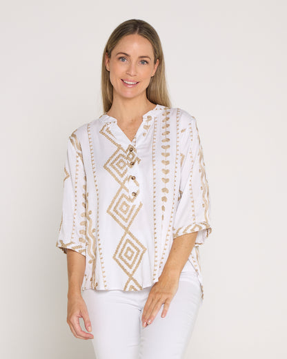 Marli Top - White/Gold Embroidery