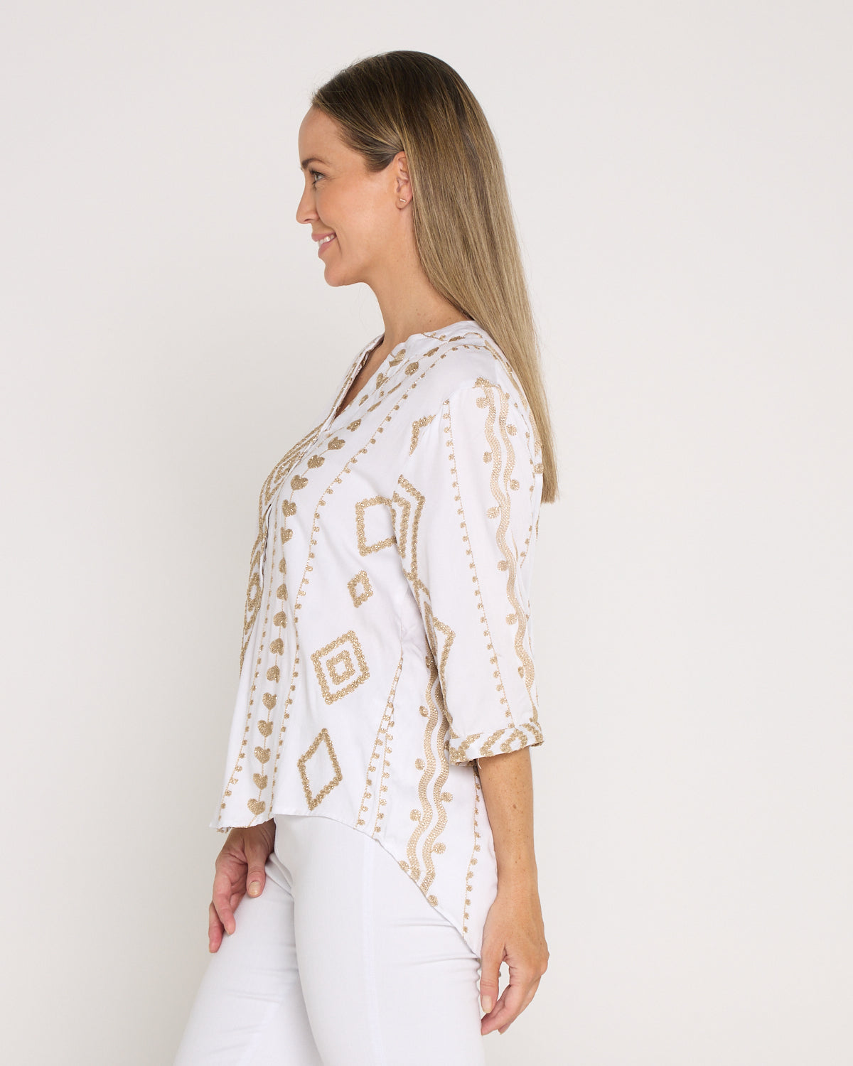 Marli Top - White/Gold Embroidery