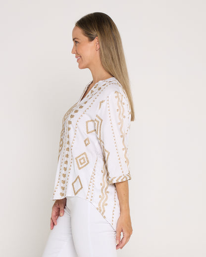 Marli Top - White/Gold Embroidery