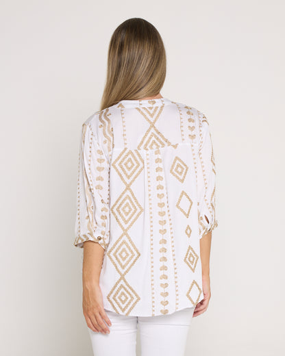 Marli Top - White/Gold Embroidery
