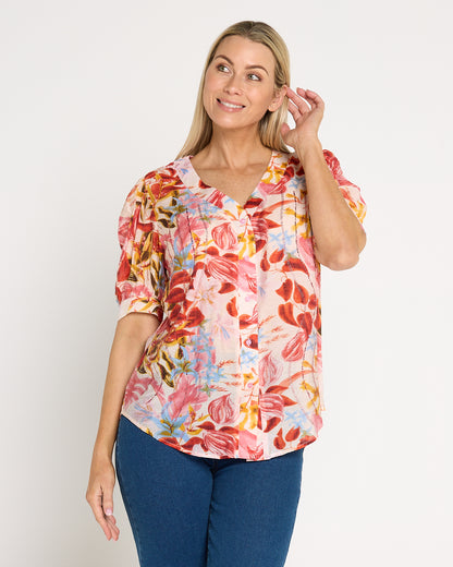 Magda Embellished Blouse - Sunset Tropical