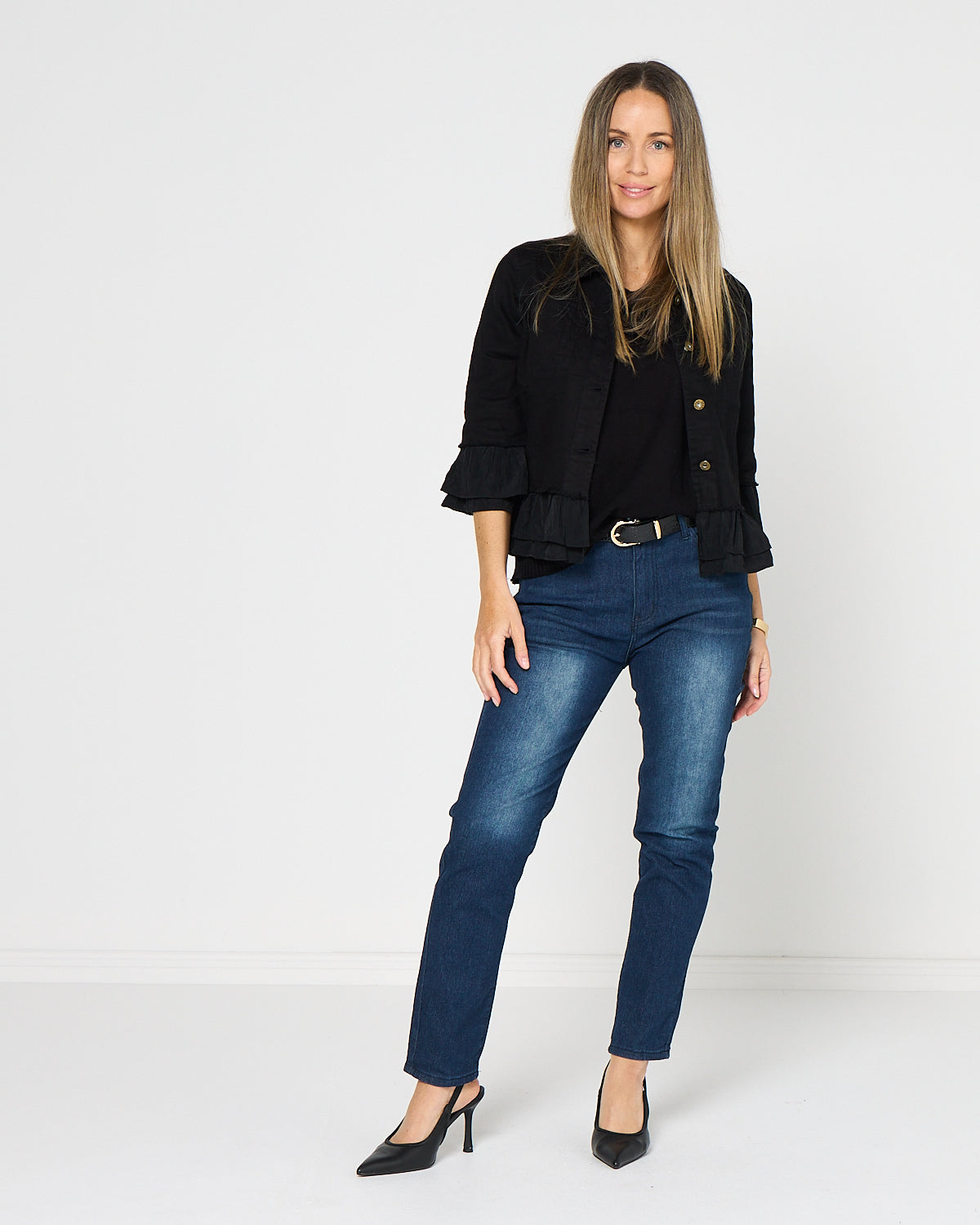 Leelah Cropped Ruffle Denim Jacket - Black