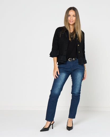Leelah Cropped Ruffle Denim Jacket - Black