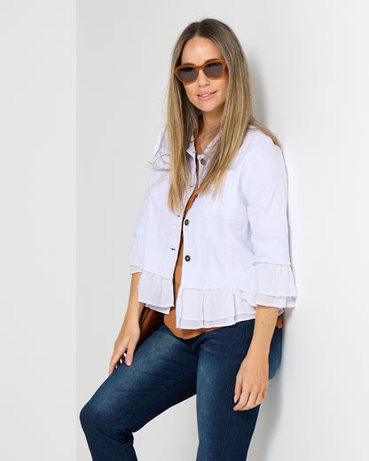 Leelah Cropped Ruffle Denim Jacket - White