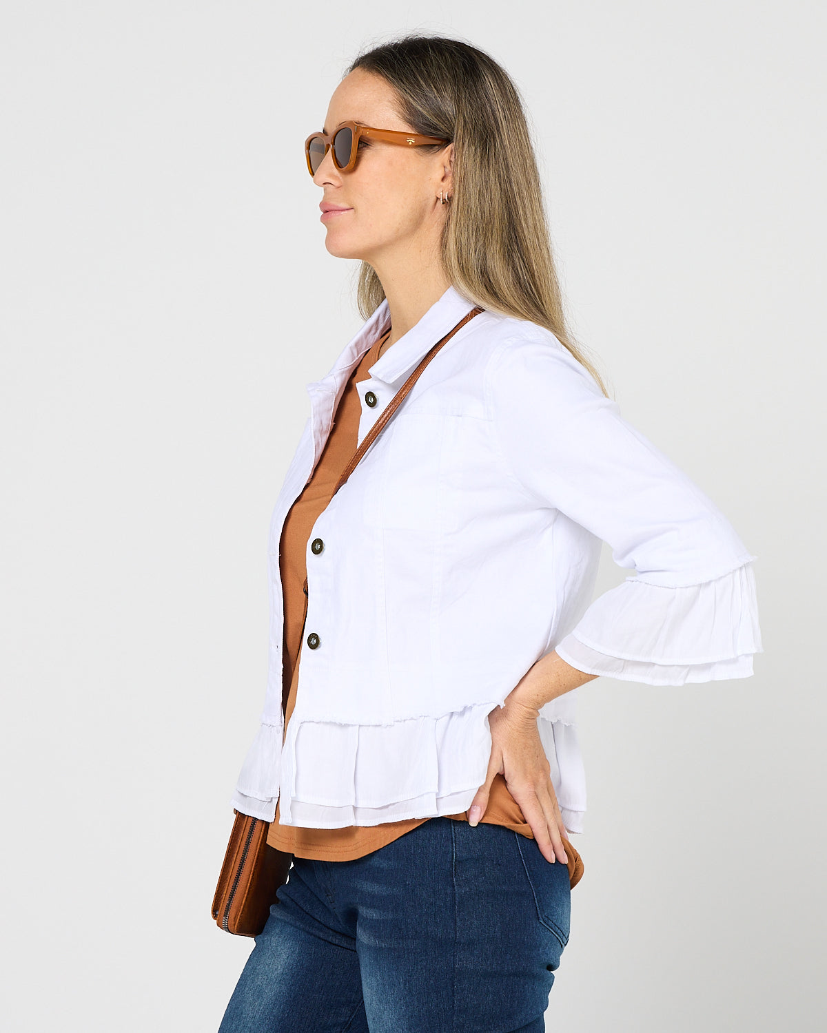 Leelah Cropped Ruffle Denim Jacket - White