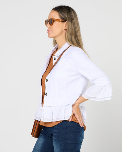 Leelah Cropped Ruffle Denim Jacket - White