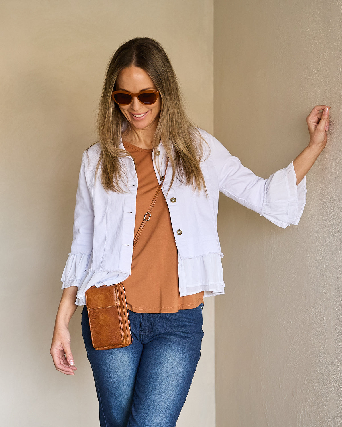 Leelah Cropped Ruffle Denim Jacket - White