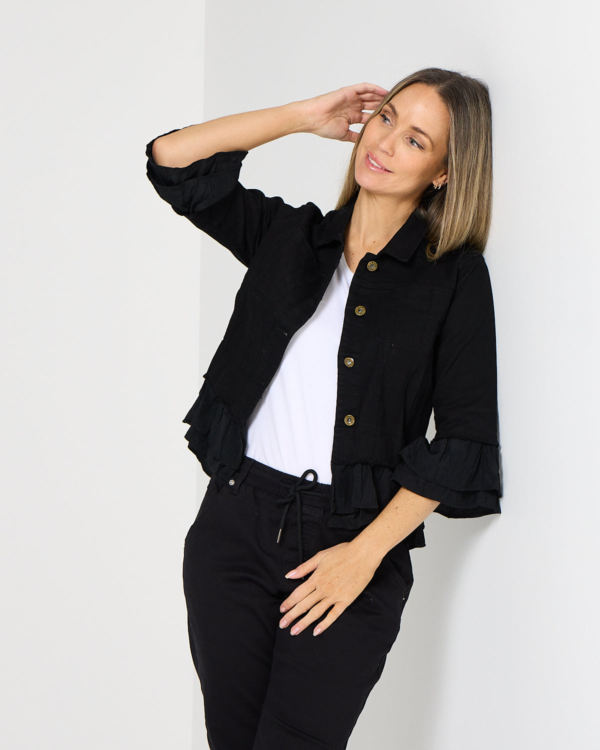 Leelah Cropped Ruffle Denim Jacket - Black