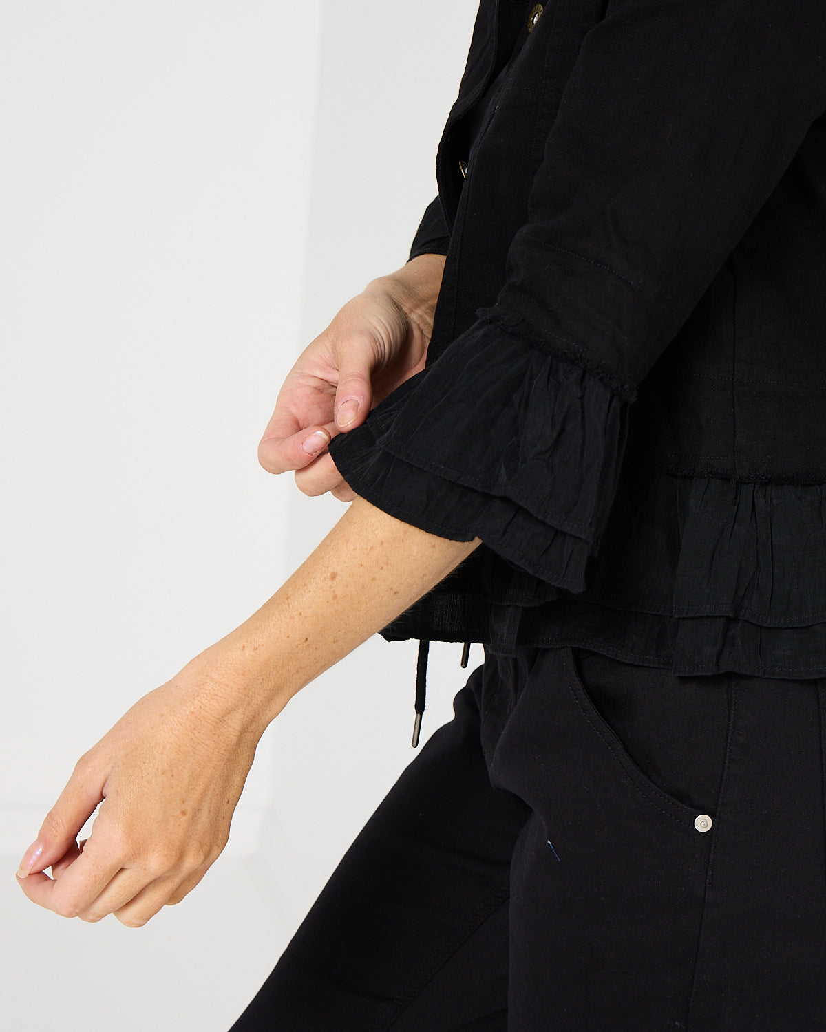 Leelah Cropped Ruffle Denim Jacket - Black