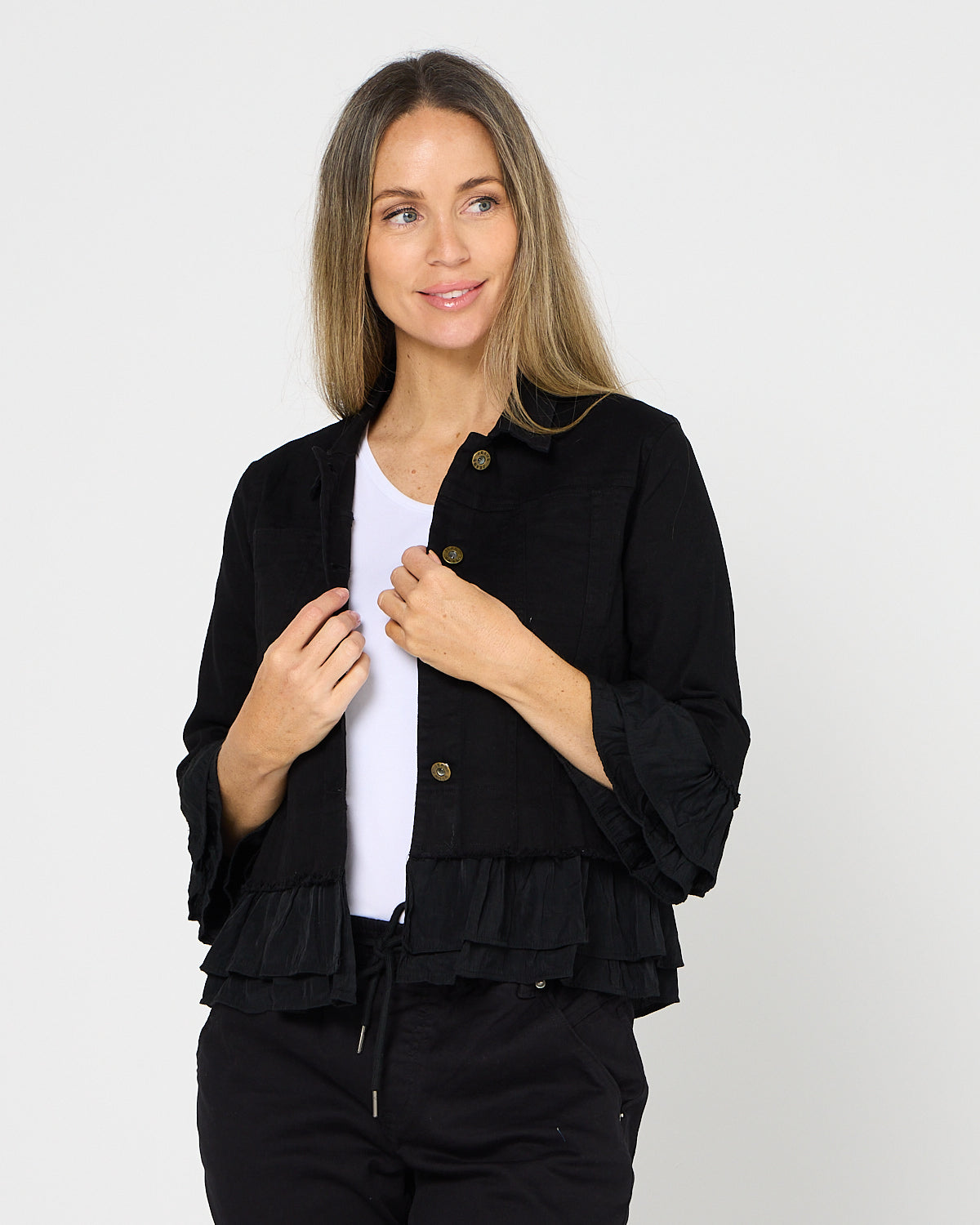 Leelah Cropped Ruffle Denim Jacket - Black