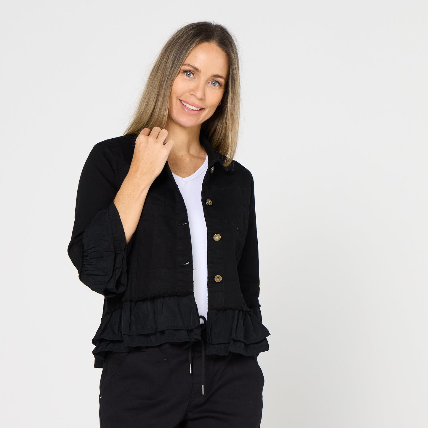 Leelah Cropped Ruffle Denim Jacket - Black