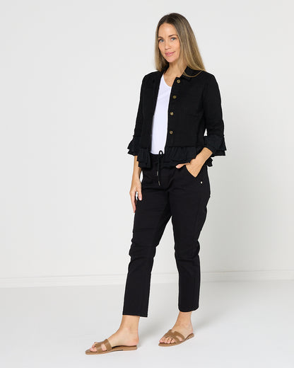 Leelah Cropped Ruffle Denim Jacket - Black