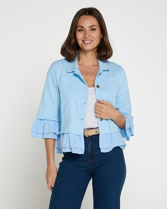 Leelah Cropped Ruffle Denim Jacket - Sky Blue