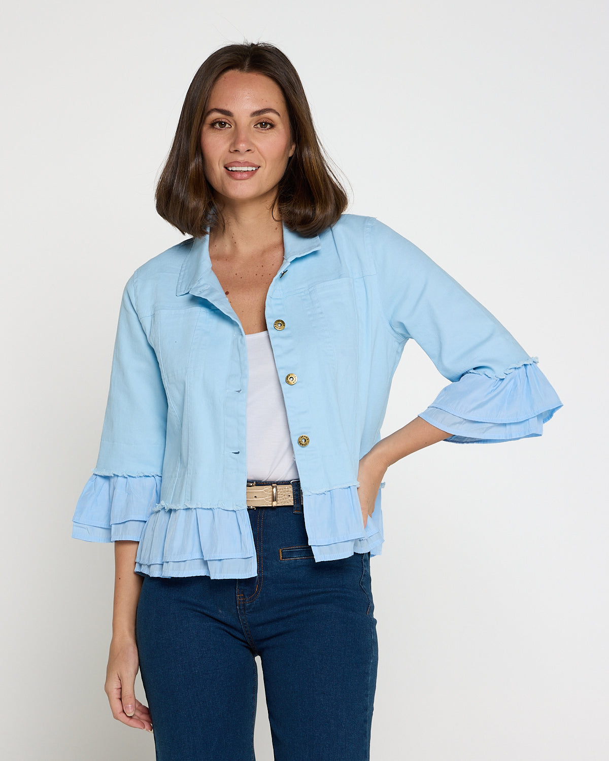 Leelah Cropped Ruffle Denim Jacket - Sky Blue