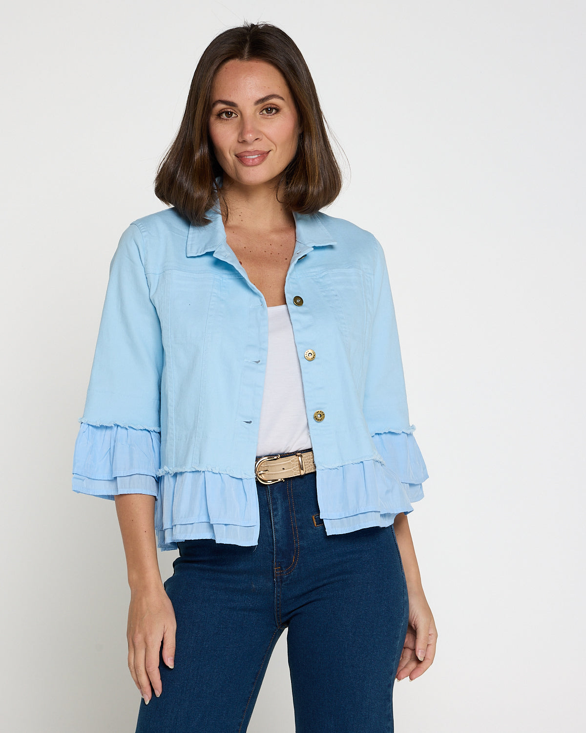 Leelah Cropped Ruffle Denim Jacket - Sky Blue