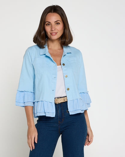 Leelah Cropped Ruffle Denim Jacket - Sky Blue