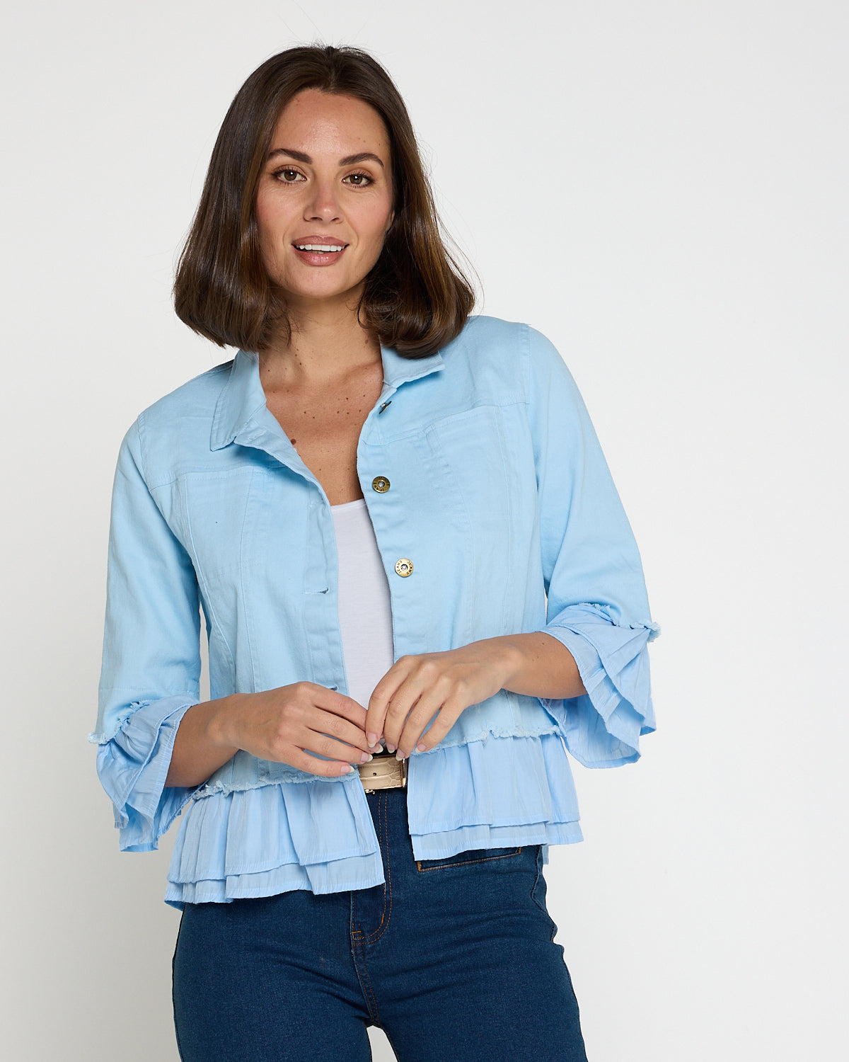 Leelah Cropped Ruffle Denim Jacket - Sky Blue