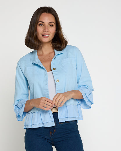 Leelah Cropped Ruffle Denim Jacket - Sky Blue