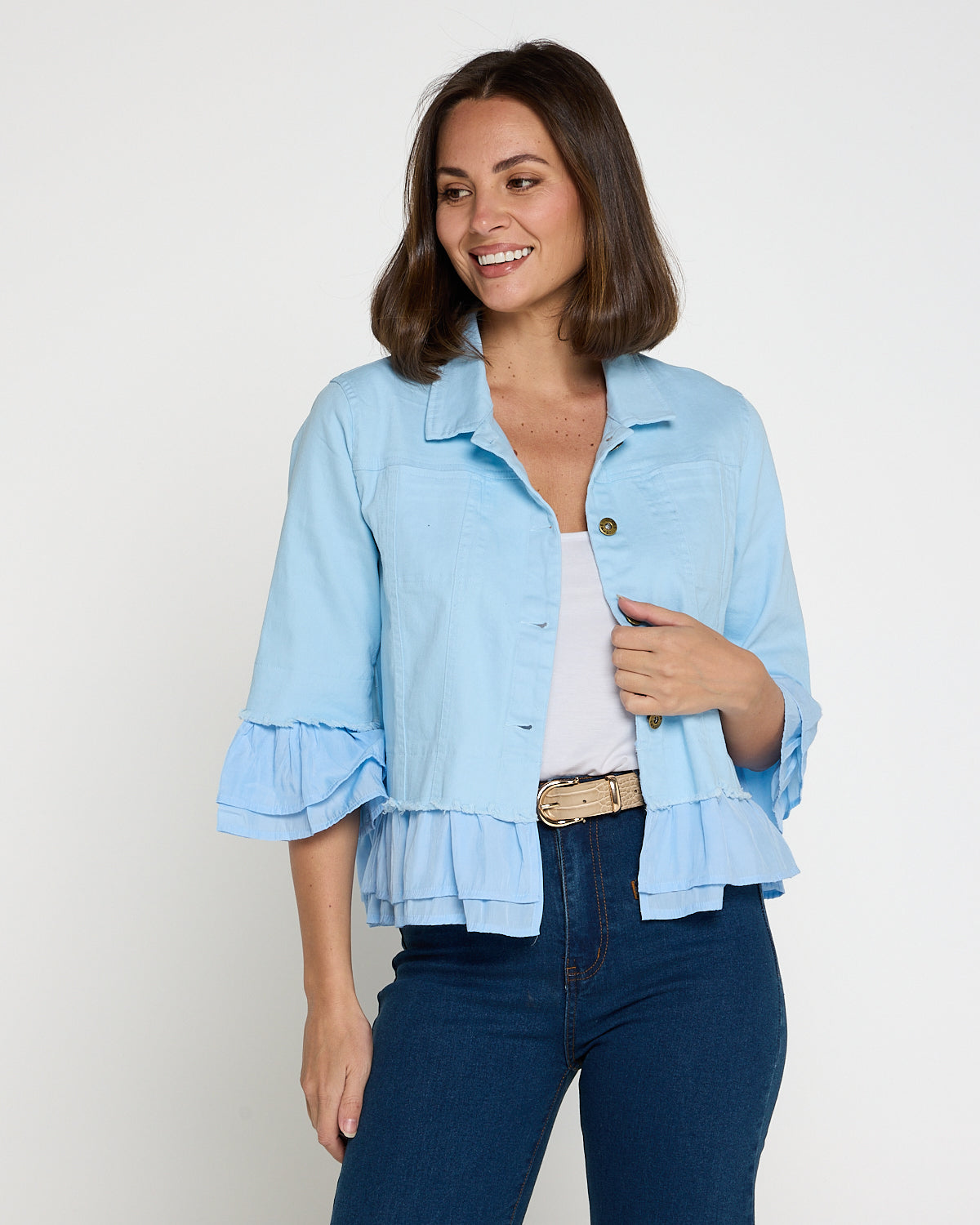 Leelah Cropped Ruffle Denim Jacket - Sky Blue