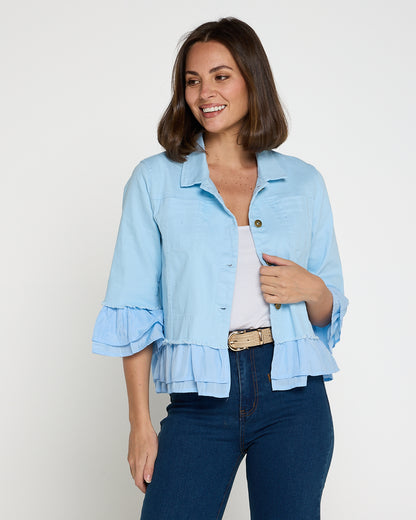 Leelah Cropped Ruffle Denim Jacket - Sky Blue